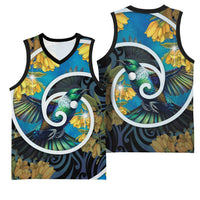 New Zealand Tui Bird Basketball Jersey Maori Koru With Kowhai Flowers