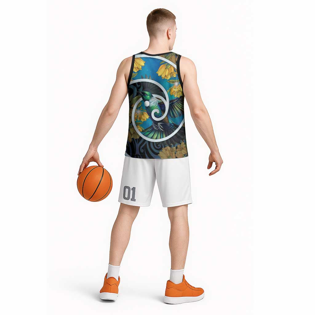 New Zealand Tui Bird Basketball Jersey Maori Koru With Kowhai Flowers