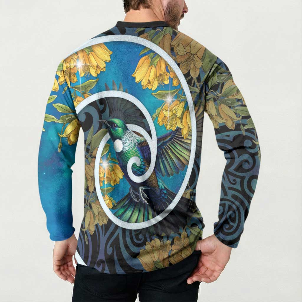 New Zealand Tui Bird Button Sweatshirt Maori Koru With Kowhai Flowers