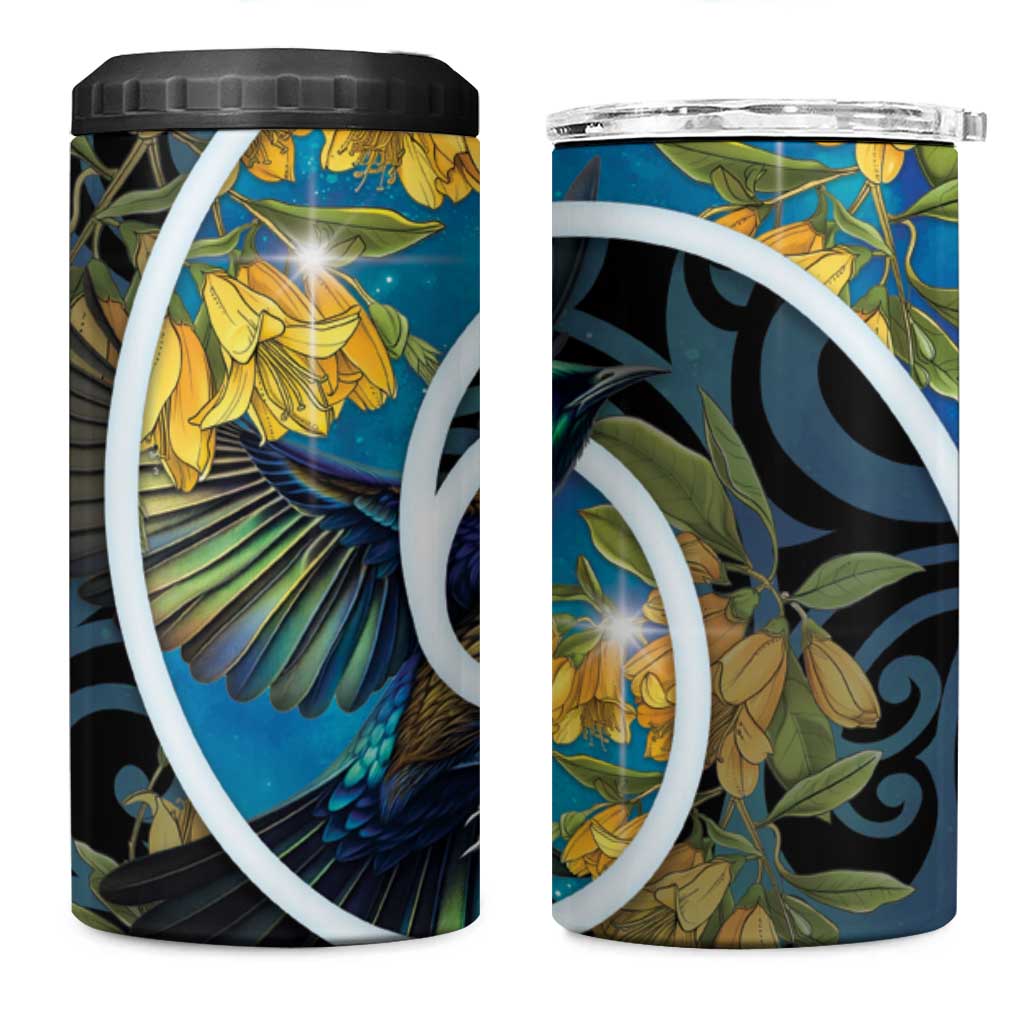 New Zealand Tui Bird 4 in 1 Can Cooler Tumbler Maori Koru With Kowhai Flowers