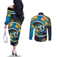 New Zealand Tui Bird Couples Matching Off The Shoulder Long Sleeve Dress and Long Sleeve Button Shirt Maori Koru With Kowhai Flowers