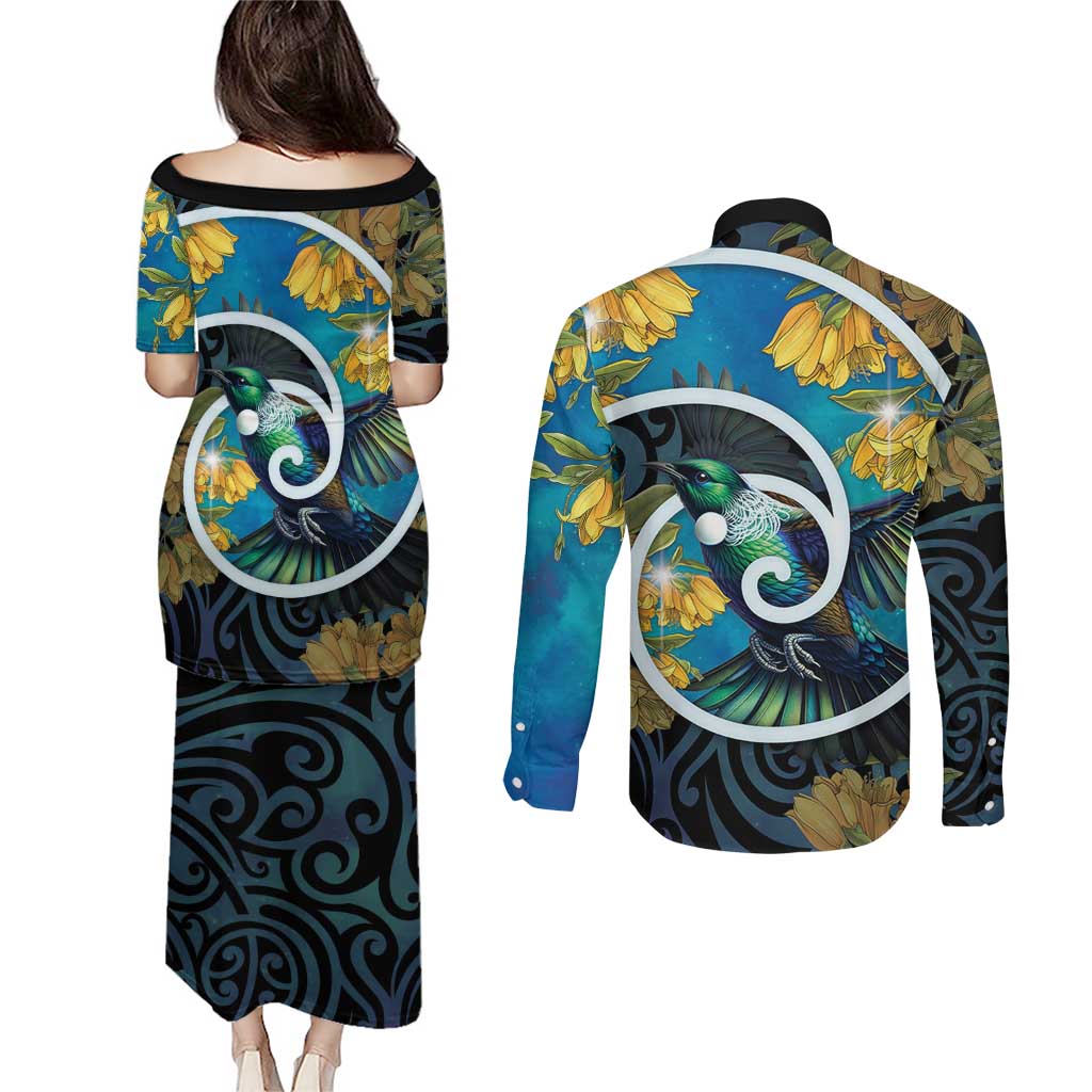 New Zealand Tui Bird Couples Matching Puletasi and Long Sleeve Button Shirt Maori Koru With Kowhai Flowers
