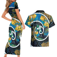 New Zealand Tui Bird Couples Matching Short Sleeve Bodycon Dress and Hawaiian Shirt Maori Koru With Kowhai Flowers