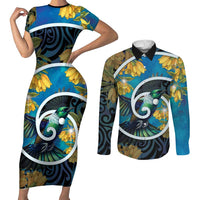 New Zealand Tui Bird Couples Matching Short Sleeve Bodycon Dress and Long Sleeve Button Shirt Maori Koru With Kowhai Flowers