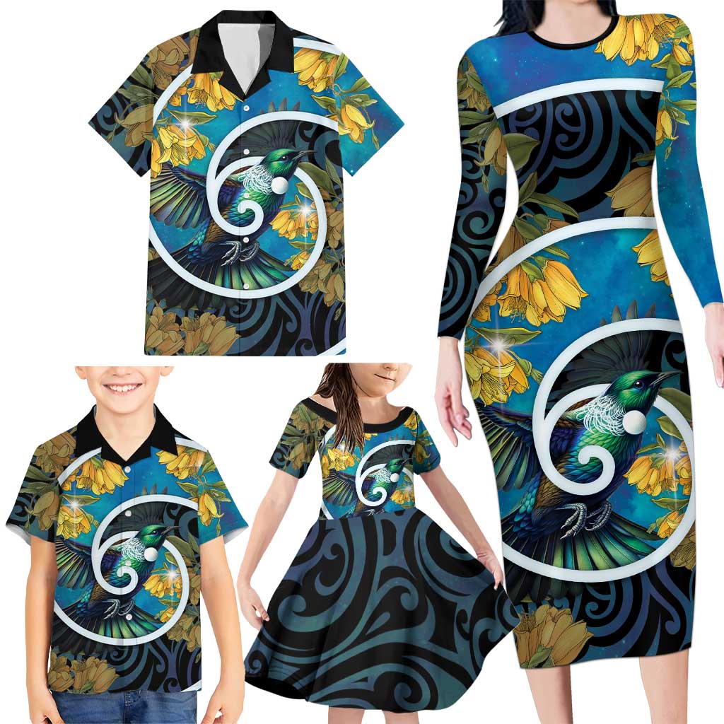 New Zealand Tui Bird Family Matching Long Sleeve Bodycon Dress and Hawaiian Shirt Maori Koru With Kowhai Flowers LT05 - Polynesian Pride