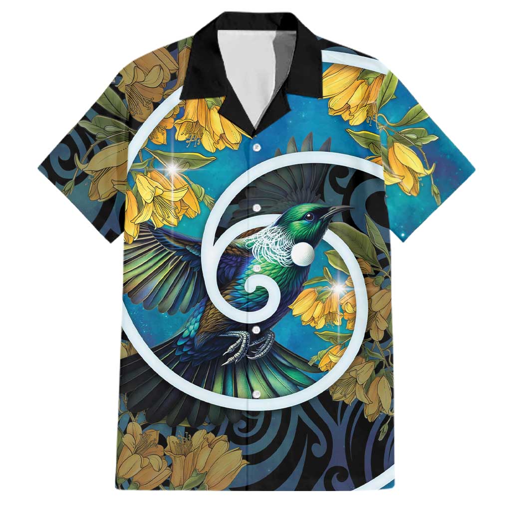 New Zealand Tui Bird Family Matching Long Sleeve Bodycon Dress and Hawaiian Shirt Maori Koru With Kowhai Flowers LT05 Dad's Shirt - Short Sleeve Black - Polynesian Pride