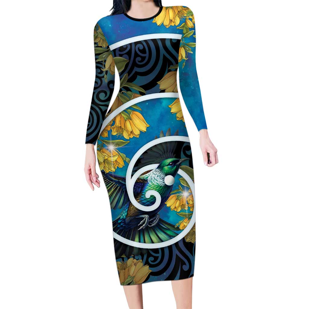 New Zealand Tui Bird Family Matching Long Sleeve Bodycon Dress and Hawaiian Shirt Maori Koru With Kowhai Flowers LT05 Mom's Dress Black - Polynesian Pride