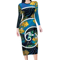 New Zealand Tui Bird Family Matching Long Sleeve Bodycon Dress and Hawaiian Shirt Maori Koru With Kowhai Flowers LT05 Mom's Dress Black - Polynesian Pride