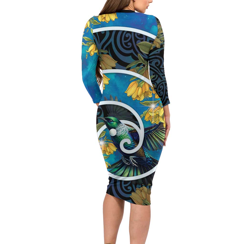 New Zealand Tui Bird Family Matching Long Sleeve Bodycon Dress and Hawaiian Shirt Maori Koru With Kowhai Flowers LT05 - Polynesian Pride