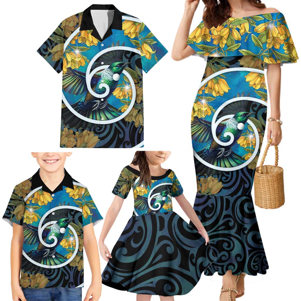 New Zealand Tui Bird Family Matching Mermaid Dress and Hawaiian Shirt Maori Koru With Kowhai Flowers LT05 - Polynesian Pride
