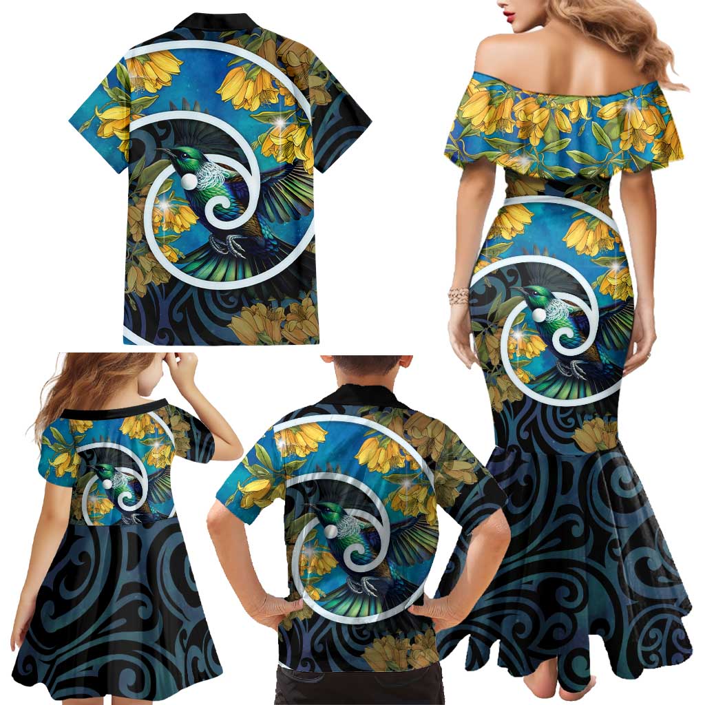 New Zealand Tui Bird Family Matching Mermaid Dress and Hawaiian Shirt Maori Koru With Kowhai Flowers LT05 - Polynesian Pride