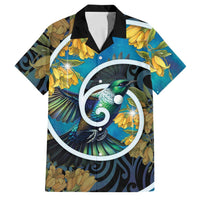 New Zealand Tui Bird Family Matching Mermaid Dress and Hawaiian Shirt Maori Koru With Kowhai Flowers LT05 Dad's Shirt - Short Sleeve Black - Polynesian Pride
