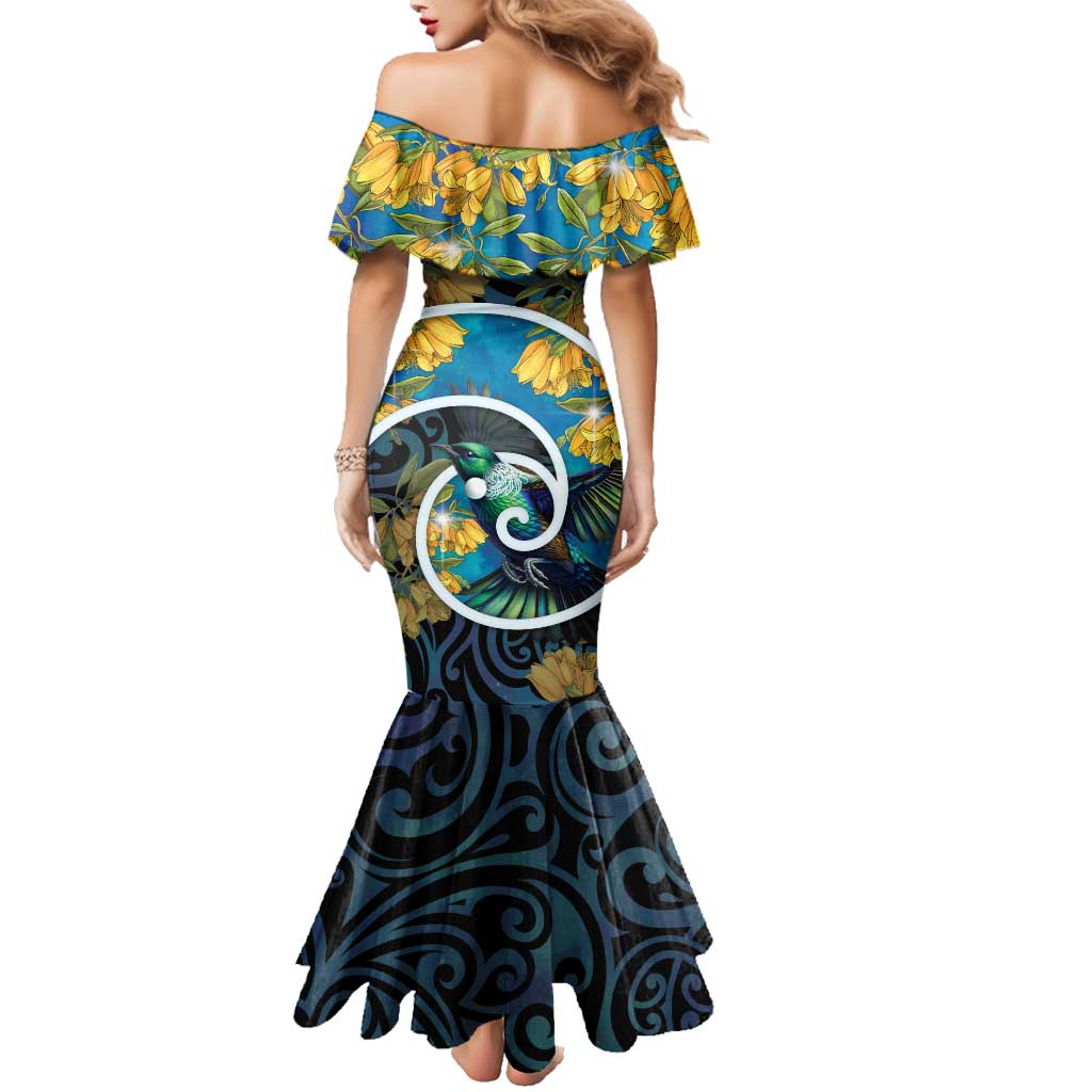 New Zealand Tui Bird Family Matching Mermaid Dress and Hawaiian Shirt Maori Koru With Kowhai Flowers LT05 - Polynesian Pride