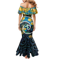 New Zealand Tui Bird Family Matching Mermaid Dress and Hawaiian Shirt Maori Koru With Kowhai Flowers LT05 - Polynesian Pride