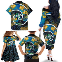 New Zealand Tui Bird Family Matching Off The Shoulder Long Sleeve Dress and Hawaiian Shirt Maori Koru With Kowhai Flowers