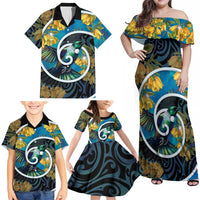 New Zealand Tui Bird Family Matching Off Shoulder Maxi Dress and Hawaiian Shirt Maori Koru With Kowhai Flowers