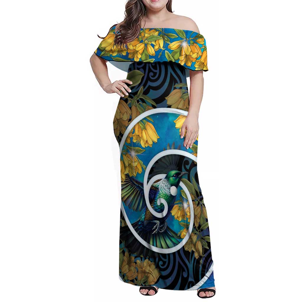 New Zealand Tui Bird Family Matching Off Shoulder Maxi Dress and Hawaiian Shirt Maori Koru With Kowhai Flowers