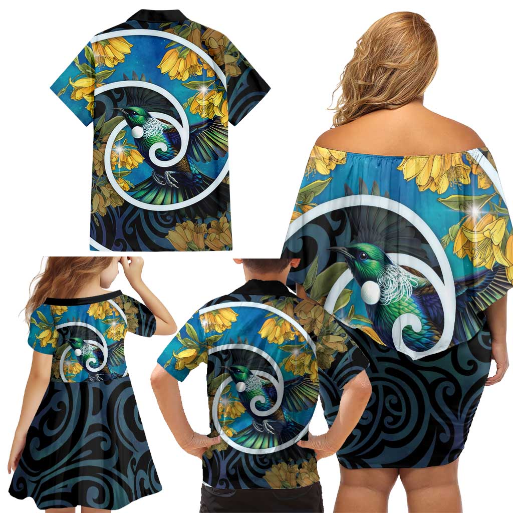 New Zealand Tui Bird Family Matching Off Shoulder Short Dress and Hawaiian Shirt Maori Koru With Kowhai Flowers