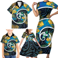 New Zealand Tui Bird Family Matching Short Sleeve Bodycon Dress and Hawaiian Shirt Maori Koru With Kowhai Flowers