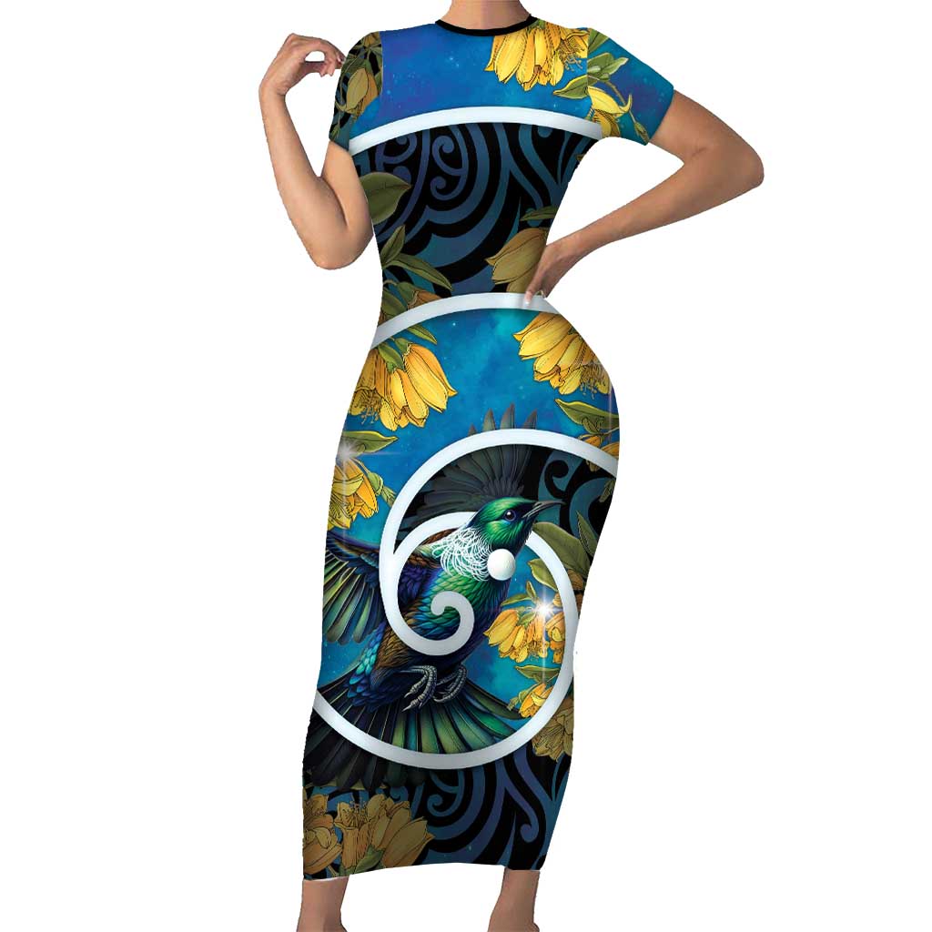 New Zealand Tui Bird Family Matching Short Sleeve Bodycon Dress and Hawaiian Shirt Maori Koru With Kowhai Flowers