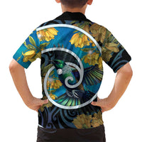 New Zealand Tui Bird Family Matching Summer Maxi Dress and Hawaiian Shirt Maori Koru With Kowhai Flowers LT05 - Polynesian Pride