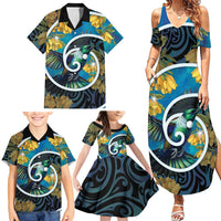 New Zealand Tui Bird Family Matching Summer Maxi Dress and Hawaiian Shirt Maori Koru With Kowhai Flowers LT05 - Polynesian Pride