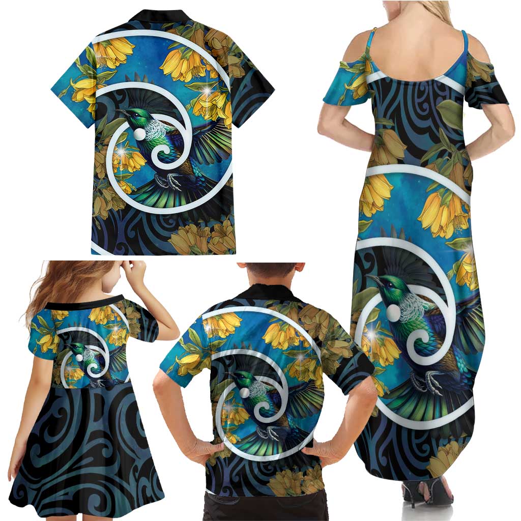 New Zealand Tui Bird Family Matching Summer Maxi Dress and Hawaiian Shirt Maori Koru With Kowhai Flowers LT05 - Polynesian Pride