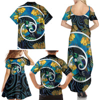 New Zealand Tui Bird Family Matching Summer Maxi Dress and Hawaiian Shirt Maori Koru With Kowhai Flowers LT05 - Polynesian Pride