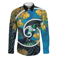 New Zealand Tui Bird Family Matching Summer Maxi Dress and Hawaiian Shirt Maori Koru With Kowhai Flowers LT05 Dad's Shirt - Long Sleeve Black - Polynesian Pride