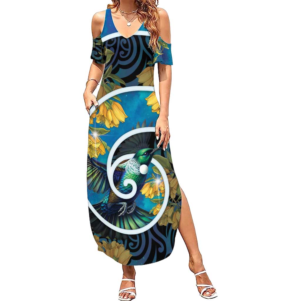 New Zealand Tui Bird Family Matching Summer Maxi Dress and Hawaiian Shirt Maori Koru With Kowhai Flowers LT05 Mom's Dress Black - Polynesian Pride
