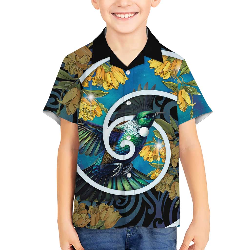 New Zealand Tui Bird Family Matching Summer Maxi Dress and Hawaiian Shirt Maori Koru With Kowhai Flowers LT05 Son's Shirt Black - Polynesian Pride