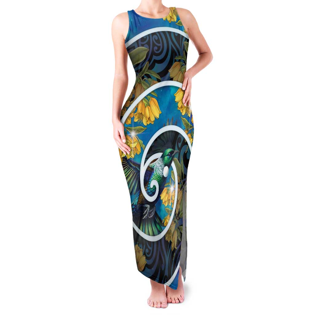 New Zealand Tui Bird Family Matching Tank Maxi Dress and Hawaiian Shirt Maori Koru With Kowhai Flowers