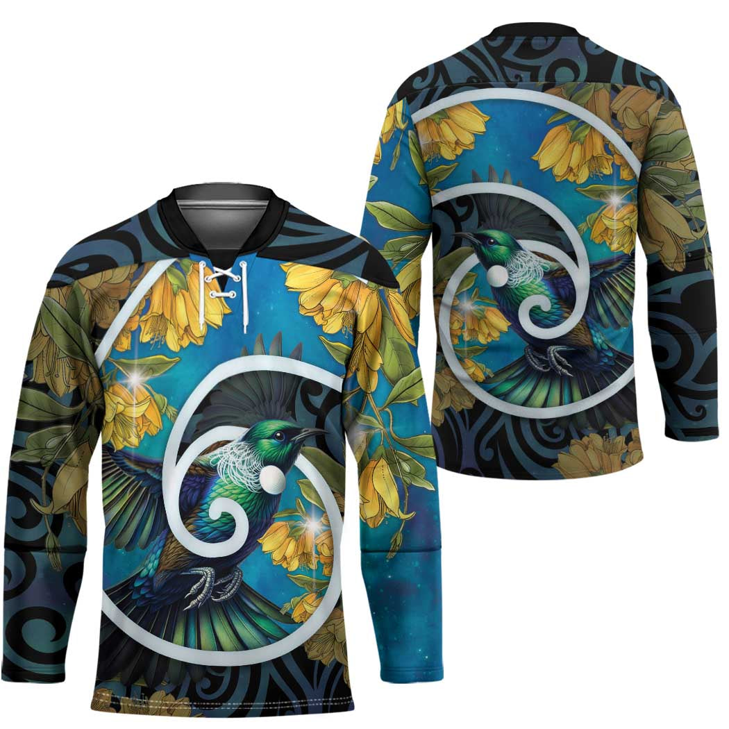 New Zealand Tui Bird Hockey Jersey Maori Koru With Kowhai Flowers