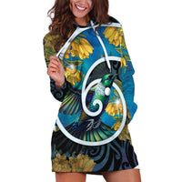 New Zealand Tui Bird Hoodie Dress Maori Koru With Kowhai Flowers LT05 Black - Polynesian Pride