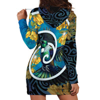 New Zealand Tui Bird Hoodie Dress Maori Koru With Kowhai Flowers LT05 - Polynesian Pride