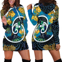 New Zealand Tui Bird Hoodie Dress Maori Koru With Kowhai Flowers LT05 - Polynesian Pride
