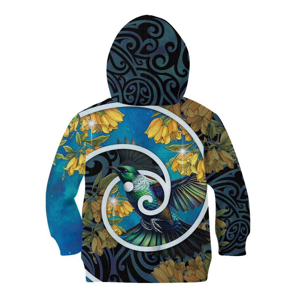 New Zealand Tui Bird Kid Hoodie Maori Koru With Kowhai Flowers