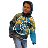New Zealand Tui Bird Kid Hoodie Maori Koru With Kowhai Flowers
