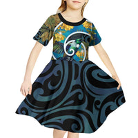 New Zealand Tui Bird Kid Short Sleeve Dress Maori Koru With Kowhai Flowers