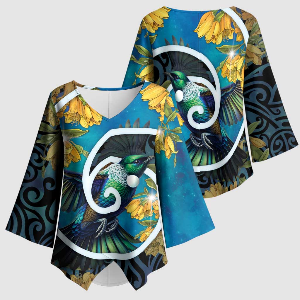 New Zealand Tui Bird Kimono Sleeve Blouse Maori Koru With Kowhai Flowers