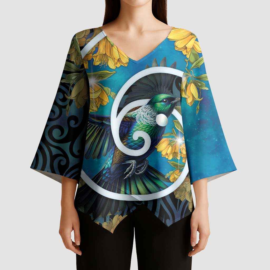 New Zealand Tui Bird Kimono Sleeve Blouse Maori Koru With Kowhai Flowers