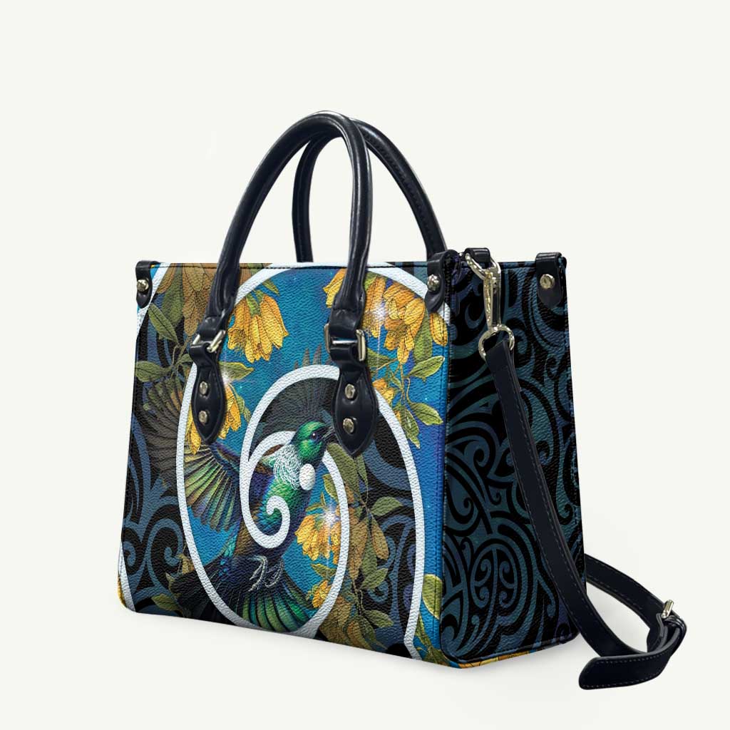 New Zealand Tui Bird Leather Bag Maori Koru With Kowhai Flowers LT05 Black - Polynesian Pride