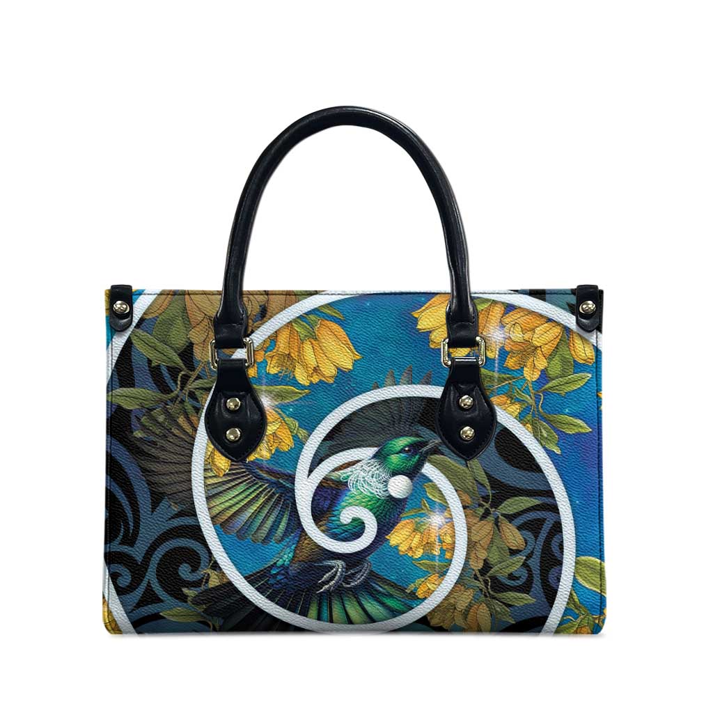 New Zealand Tui Bird Leather Bag Maori Koru With Kowhai Flowers LT05 - Polynesian Pride