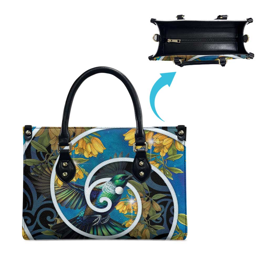 New Zealand Tui Bird Leather Bag Maori Koru With Kowhai Flowers LT05 - Polynesian Pride