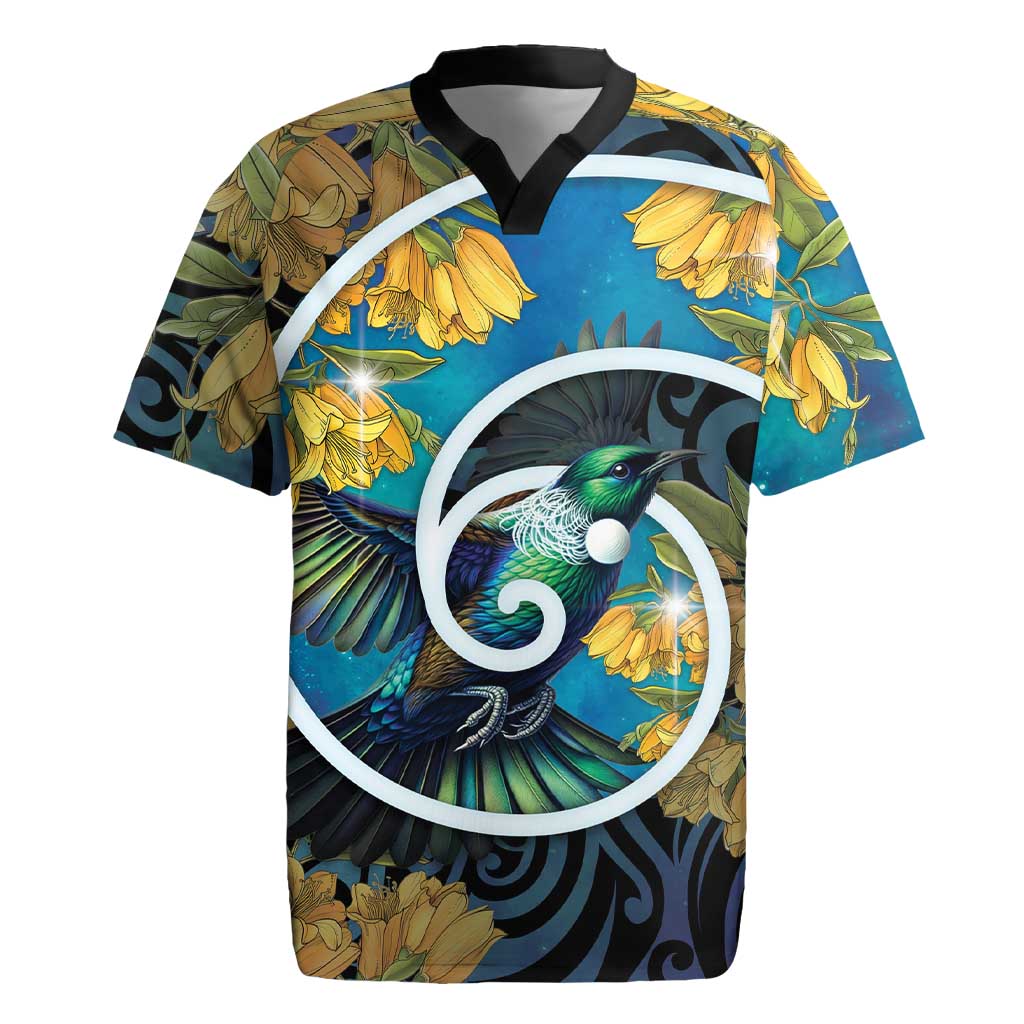 New Zealand Tui Bird Rugby Jersey Maori Koru With Kowhai Flowers