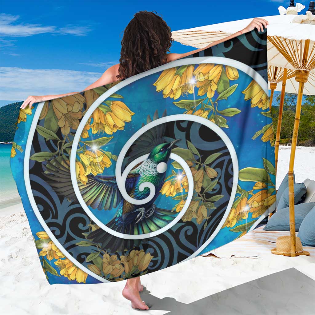 New Zealand Tui Bird Sarong Maori Koru With Kowhai Flowers LT05 One Size 44 x 66 inches Black - Polynesian Pride
