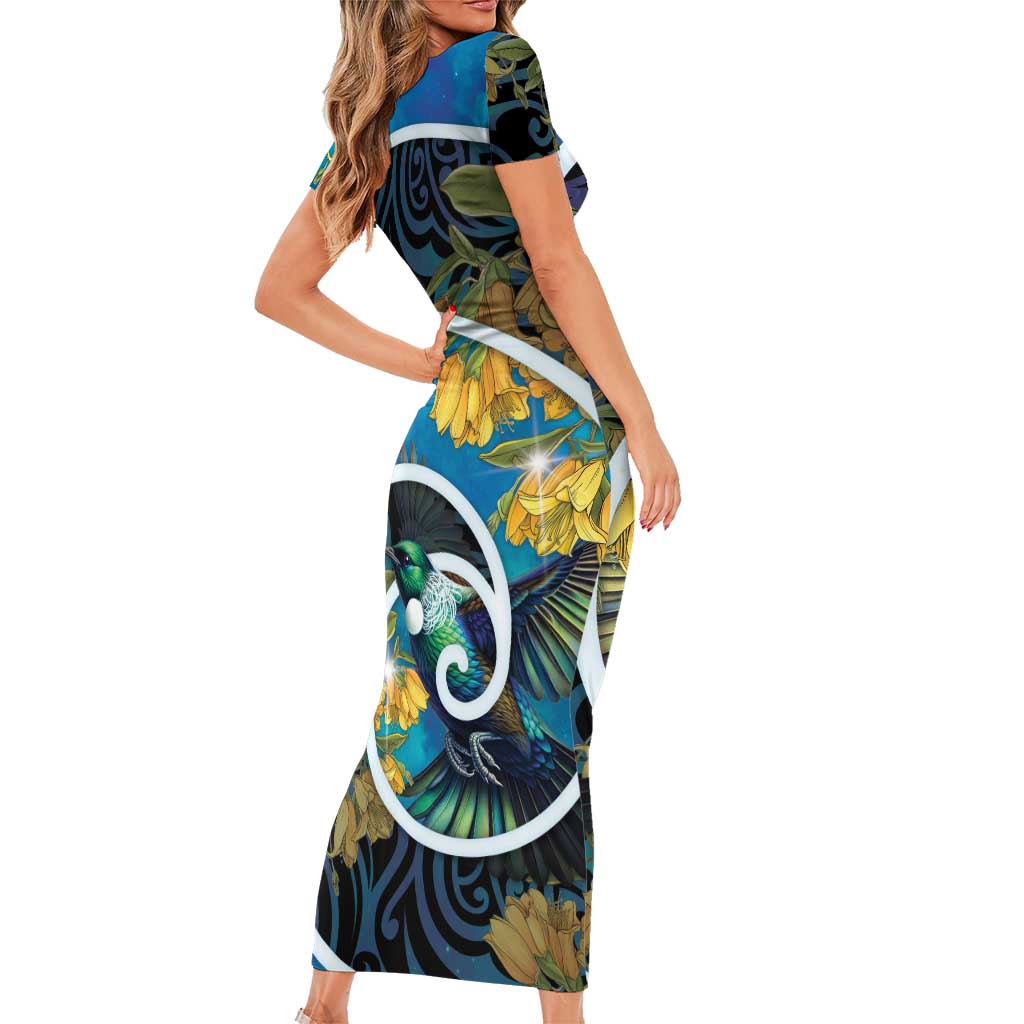 New Zealand Tui Bird Short Sleeve Bodycon Dress Maori Koru With Kowhai Flowers
