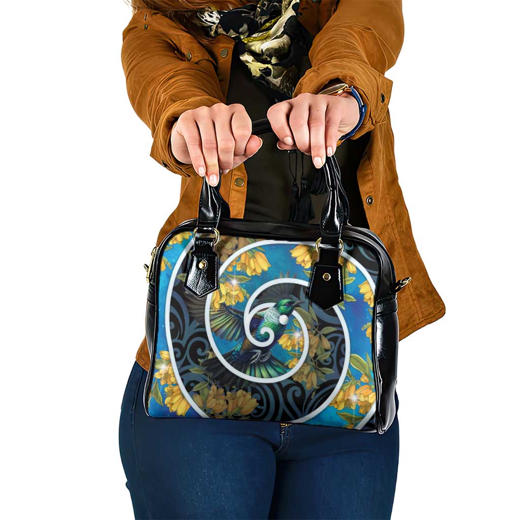 New Zealand Tui Bird Shoulder Handbag Maori Koru With Kowhai Flowers LT05 One Size Black - Polynesian Pride