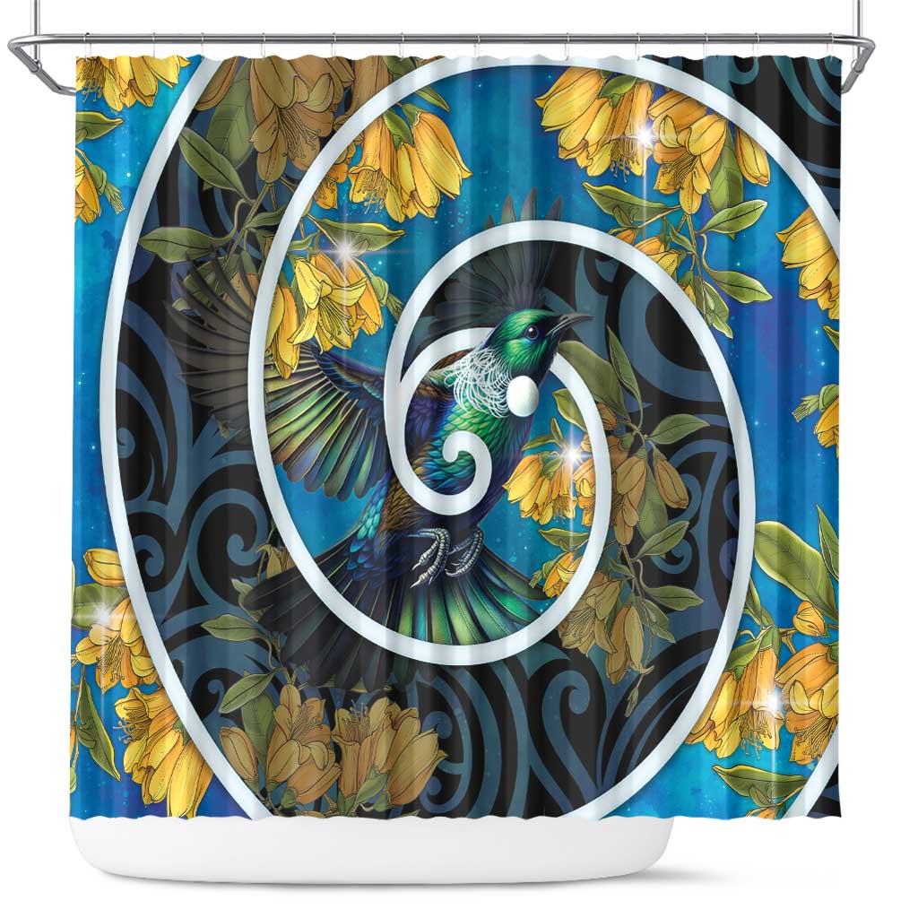 New Zealand Tui Bird Shower Curtain Maori Koru With Kowhai Flowers