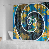 New Zealand Tui Bird Shower Curtain Maori Koru With Kowhai Flowers
